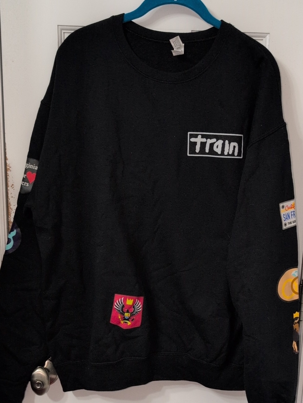 Jerzees Black Crewneck Sweatshirt with Multicolor Patch Graphics